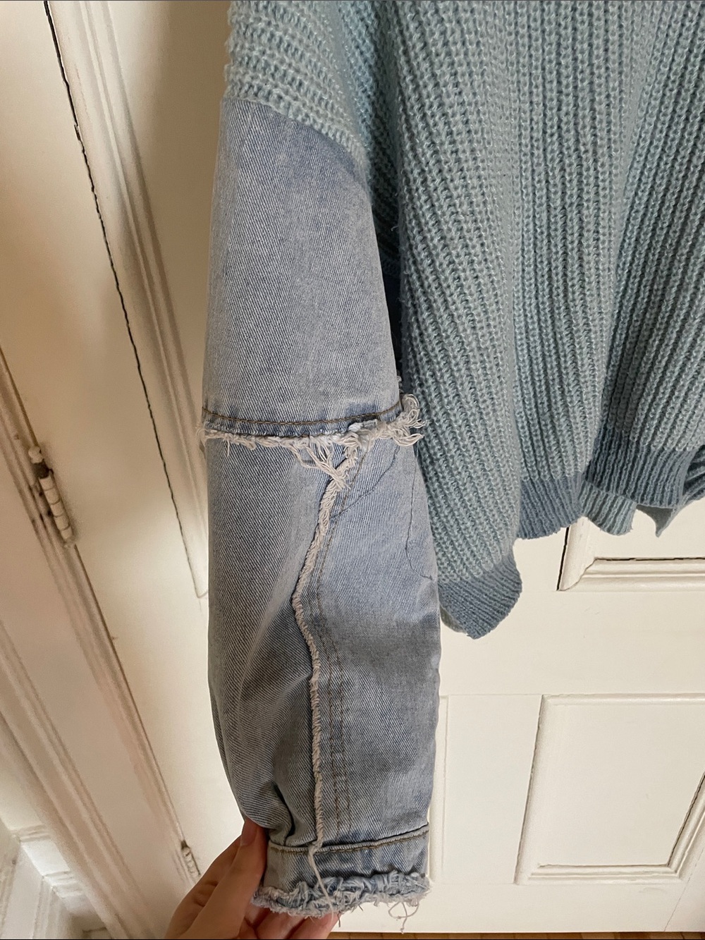 debut Light Blue Knit Sweater with Denim Sleeve Panels - Picture 3 of 4